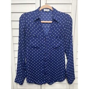 Express Anchor Print Long Sleeve Portofino Button Down Fisherman Top Size Small